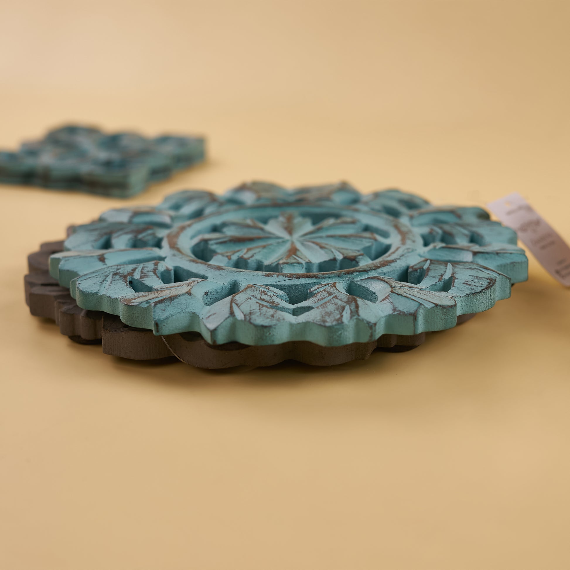 Wooden Handmade Turquoise Trivet side angle photo