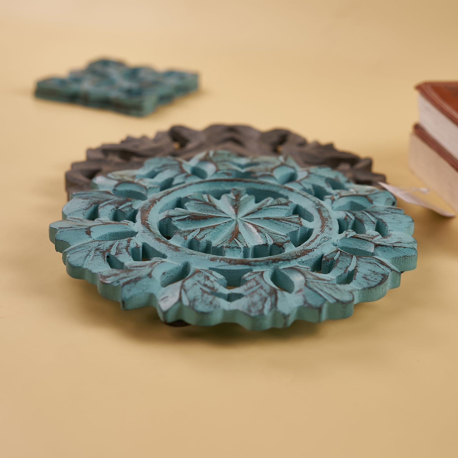 Wooden Handmade Turquoise Trivet blue