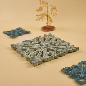 Wooden Carved Trivet in Green Antique Finish - Timeless Elegance and Functionality