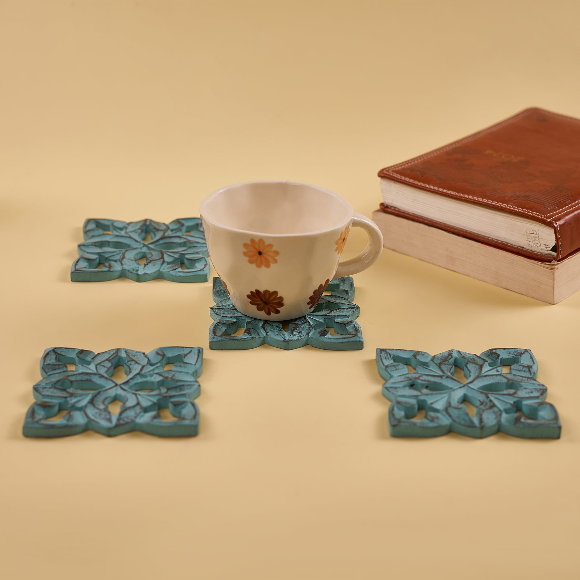 Wooden Coaster Set with cup on it