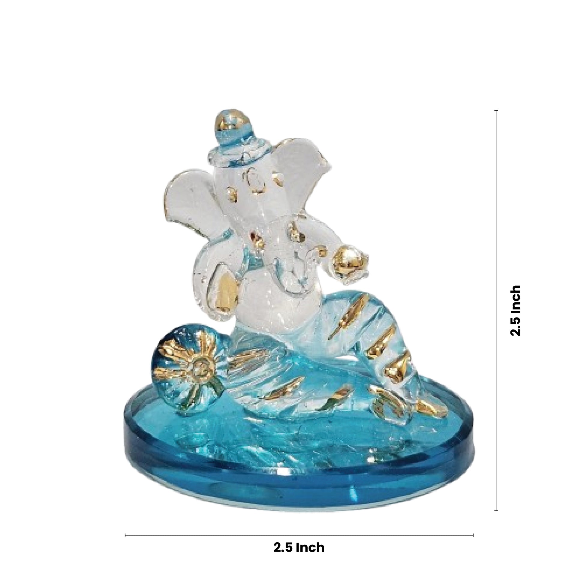 A small, transparent Ganesha idol with blue accents, sitting on a round blue base. The idol features intricate details and appears to be made of crystal or glass, measuring approximately 2.5 inches in height and width.