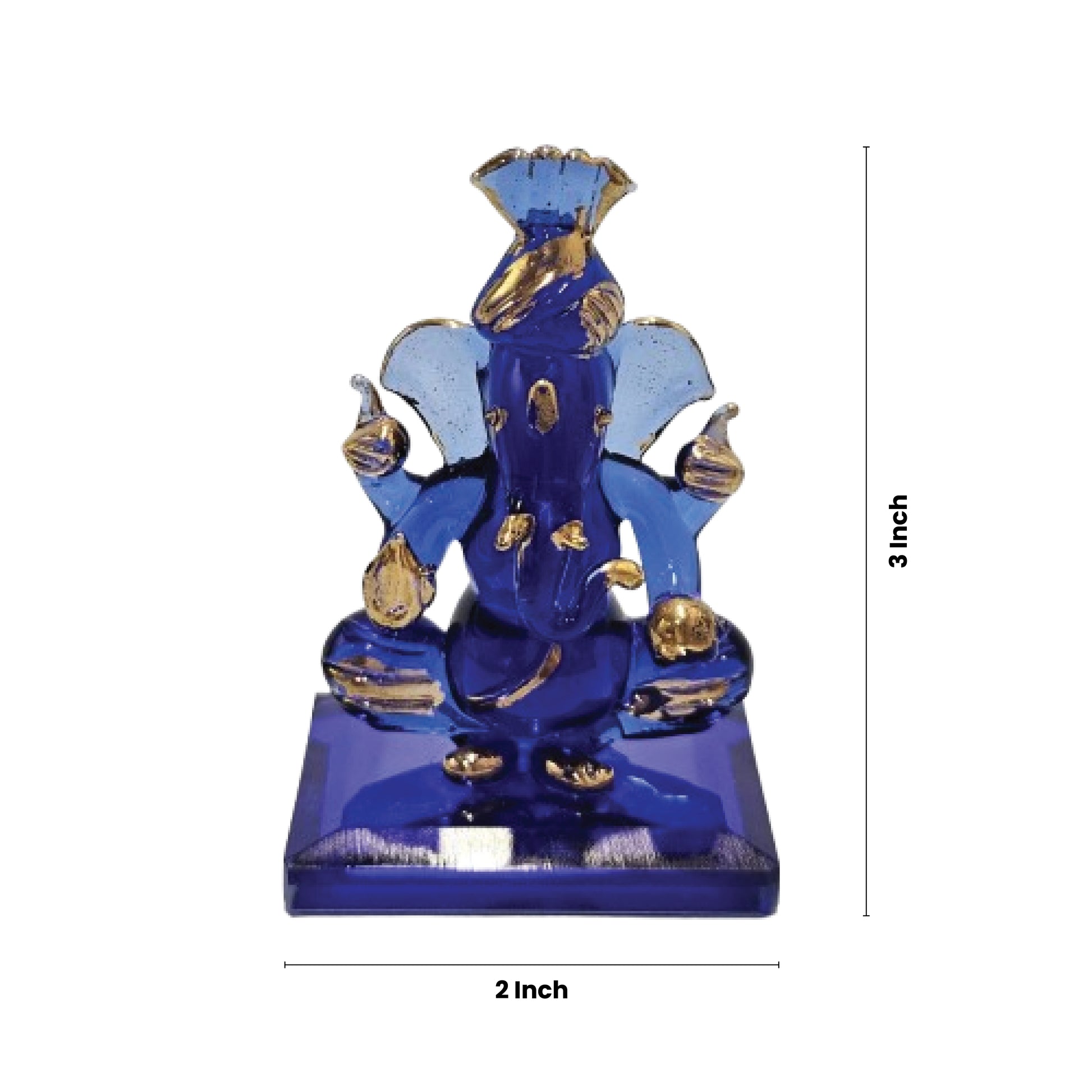 A blue crystal Ganesha idol with gold accents is shown, wearing a pagri. The statue is measured at approximately 2 inches wide and 3 inches tall, and it is displayed against a white background.