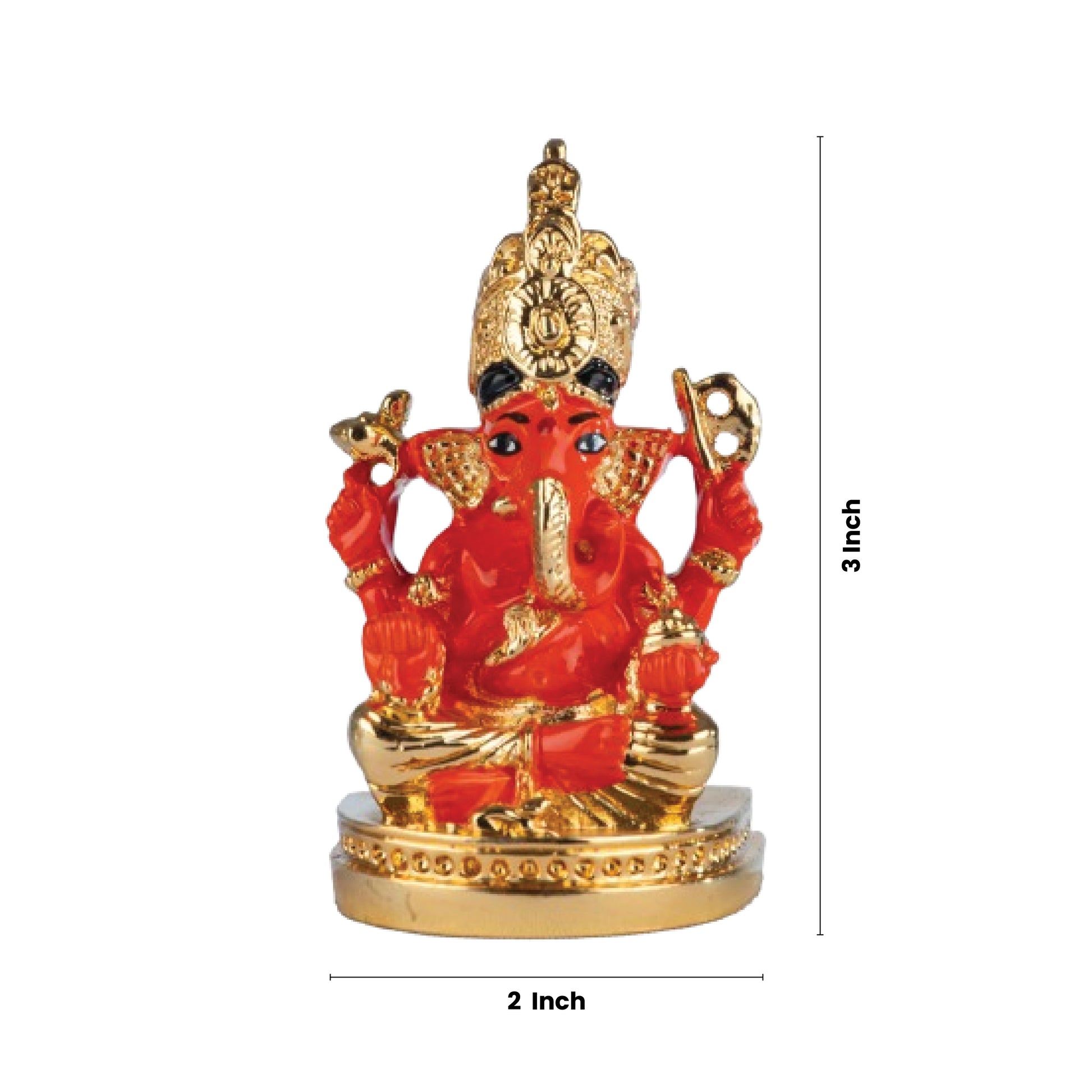 A gold-plated Ganesha idol with a red body and golden adornments, measuring 3 inches in height and 2 inches in width.