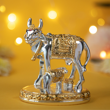 Resin Kamdhenu Cow And Calf Idol Silver - 3 Inches