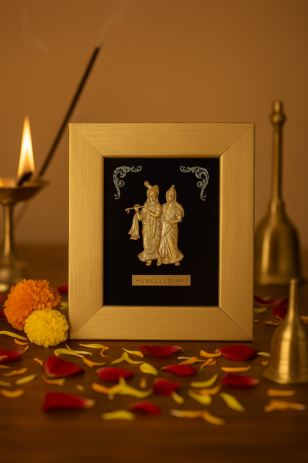 A close-up of a gold-colored photo frame featuring a golden relief of Radha and Krishna, set on a dark wooden surface scattered with red and yellow flower petals and two marigold flowers. In the softly lit background, a lit oil lamp and a burning incense stick are visible, creating a serene, devotional ambiance.