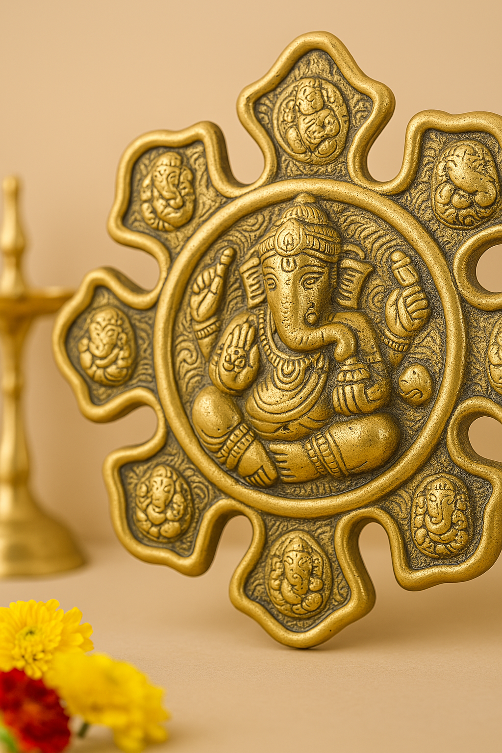 Lord Ganesha Metal Wall hanging with brass bell in the back and flowers around it.