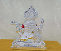 Silver-plated idol of Goddess Saraswati seated and playing the Veena back side photo
