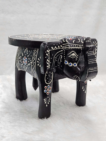 Wooden Black Printed Elephant Stool with decorative design