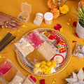 Complete Pooja Samagri Set with Ghee Batti, Haldi, Kumkum, Rice, Chandan, Lakshmi Aarti Card, Kapur, Mouli Reel, Ganga Jal, Supari, Cloth, Ghungroo Rings, and Agarbatti