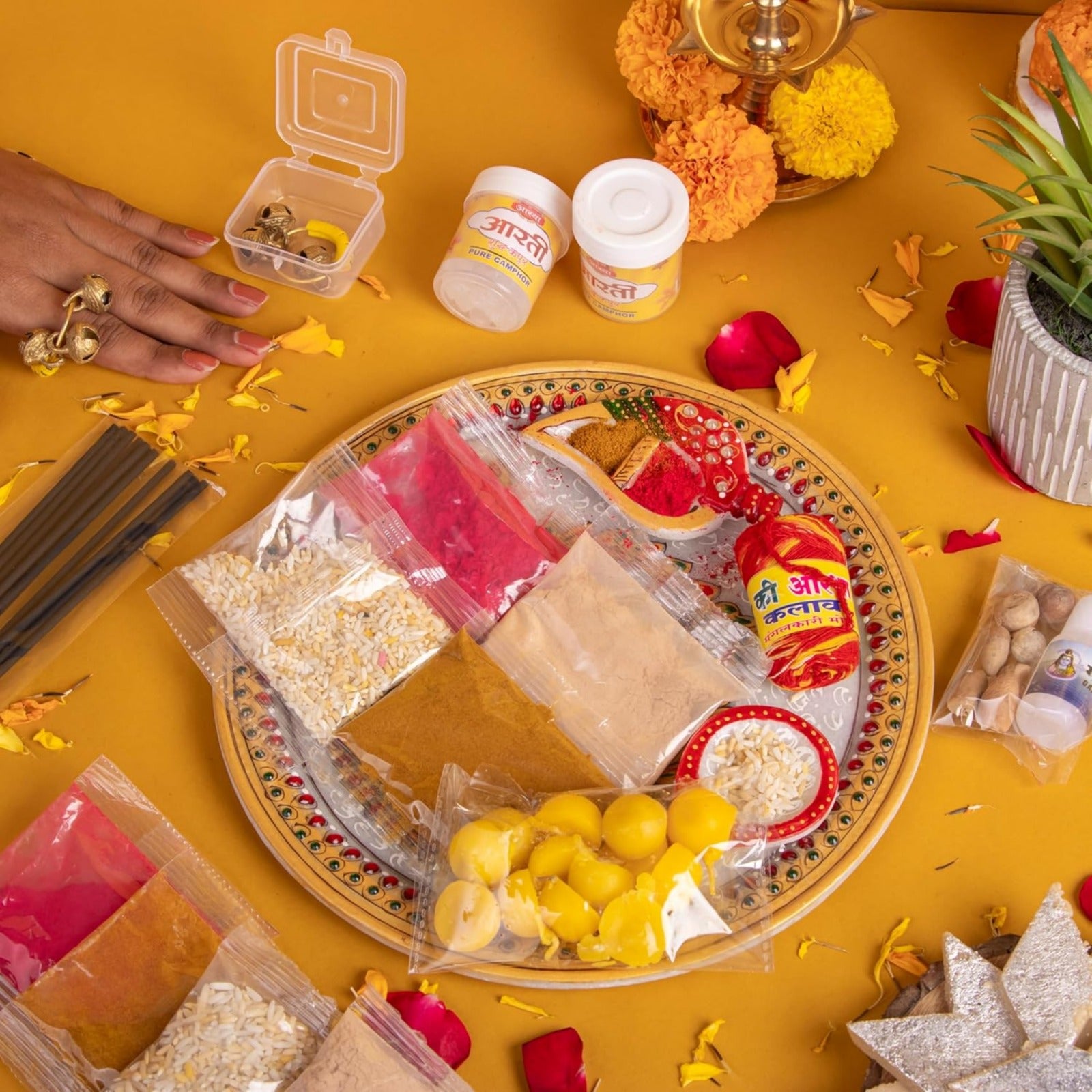 Complete Pooja Samagri Set with Ghee Batti, Haldi, Kumkum, Rice, Chandan, Lakshmi Aarti Card, Kapur, Mouli Reel, Ganga Jal, Supari, Cloth, Ghungroo Rings, and Agarbatti