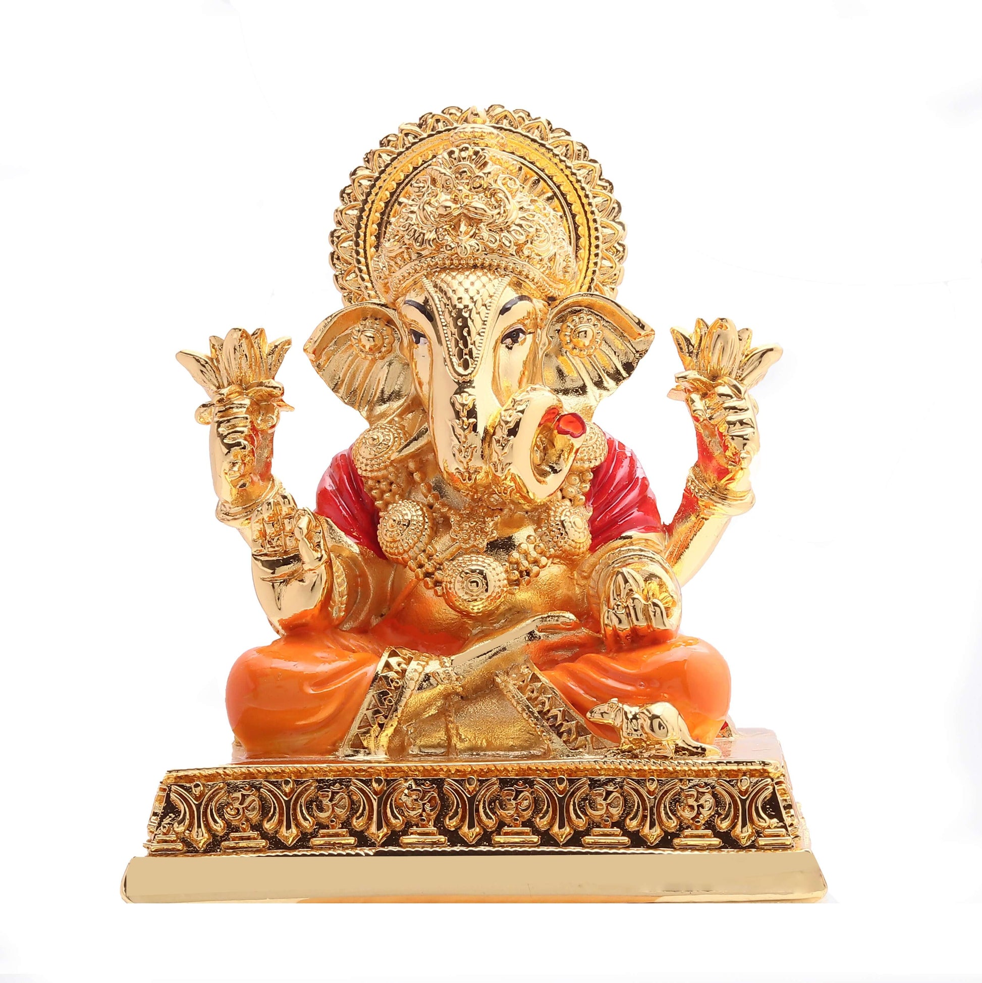 Gold palated ganesh ji  idol on the golden base with golden mushak on the base