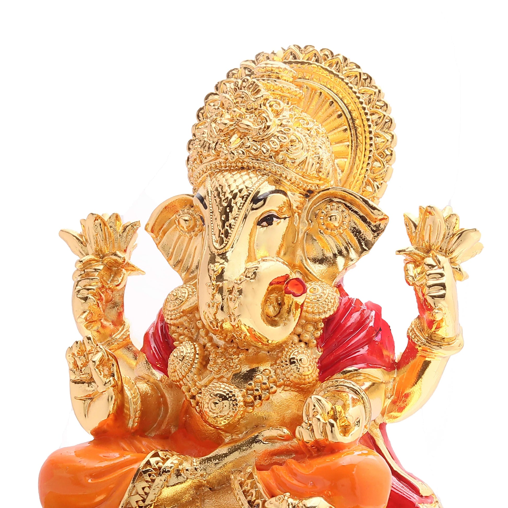 Gold palated ganapati ji idol with the white color background on his back