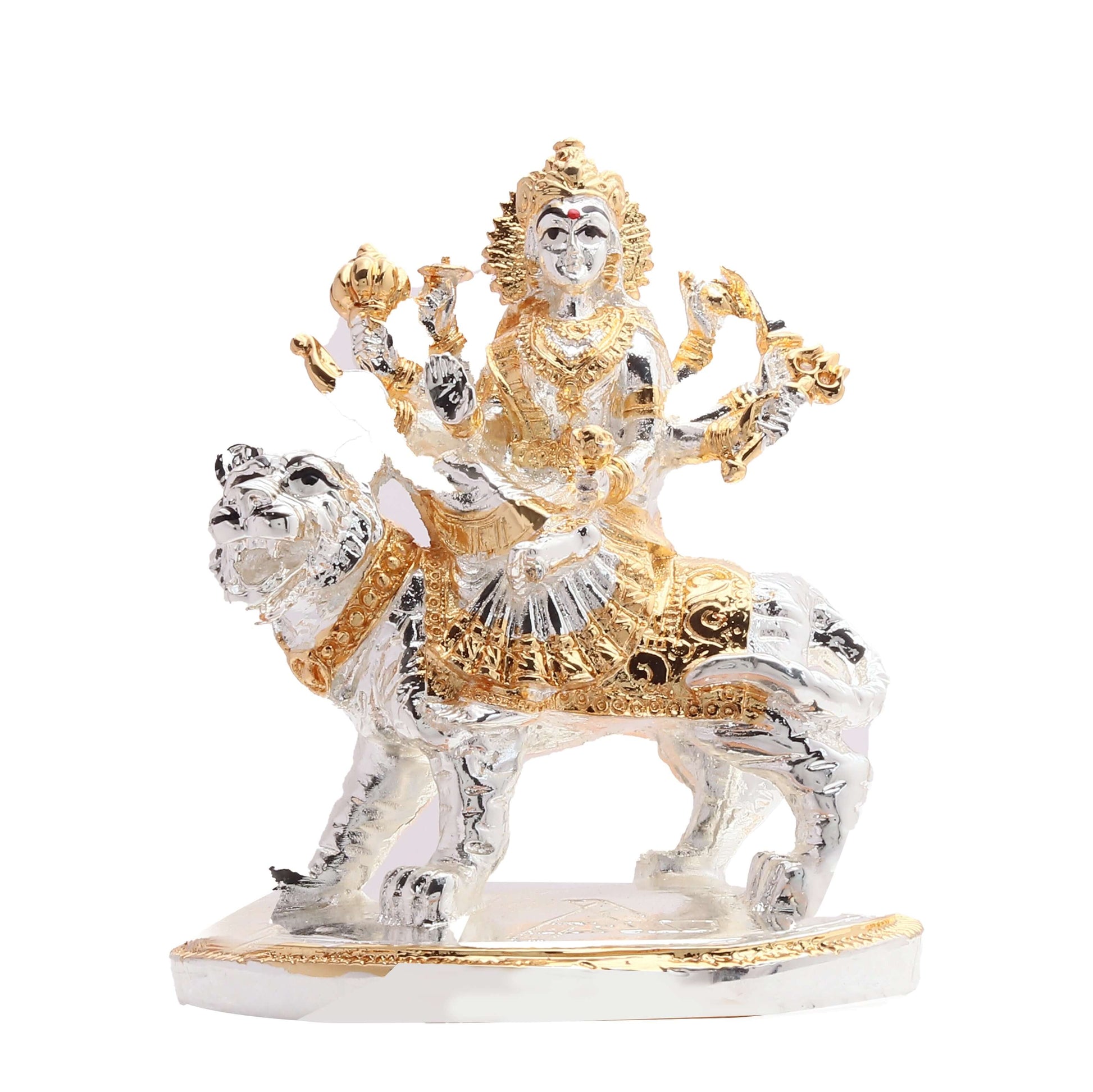 Gold and silver plated Maa Durga idol on lion.