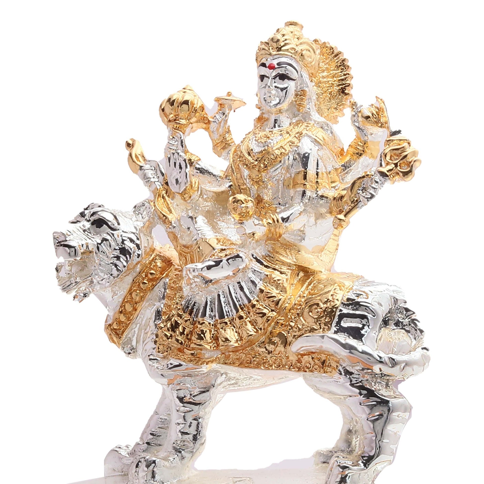 Intricately detailed gold and silver plated Maa Durga idol, depicted riding her majestic lion mount.