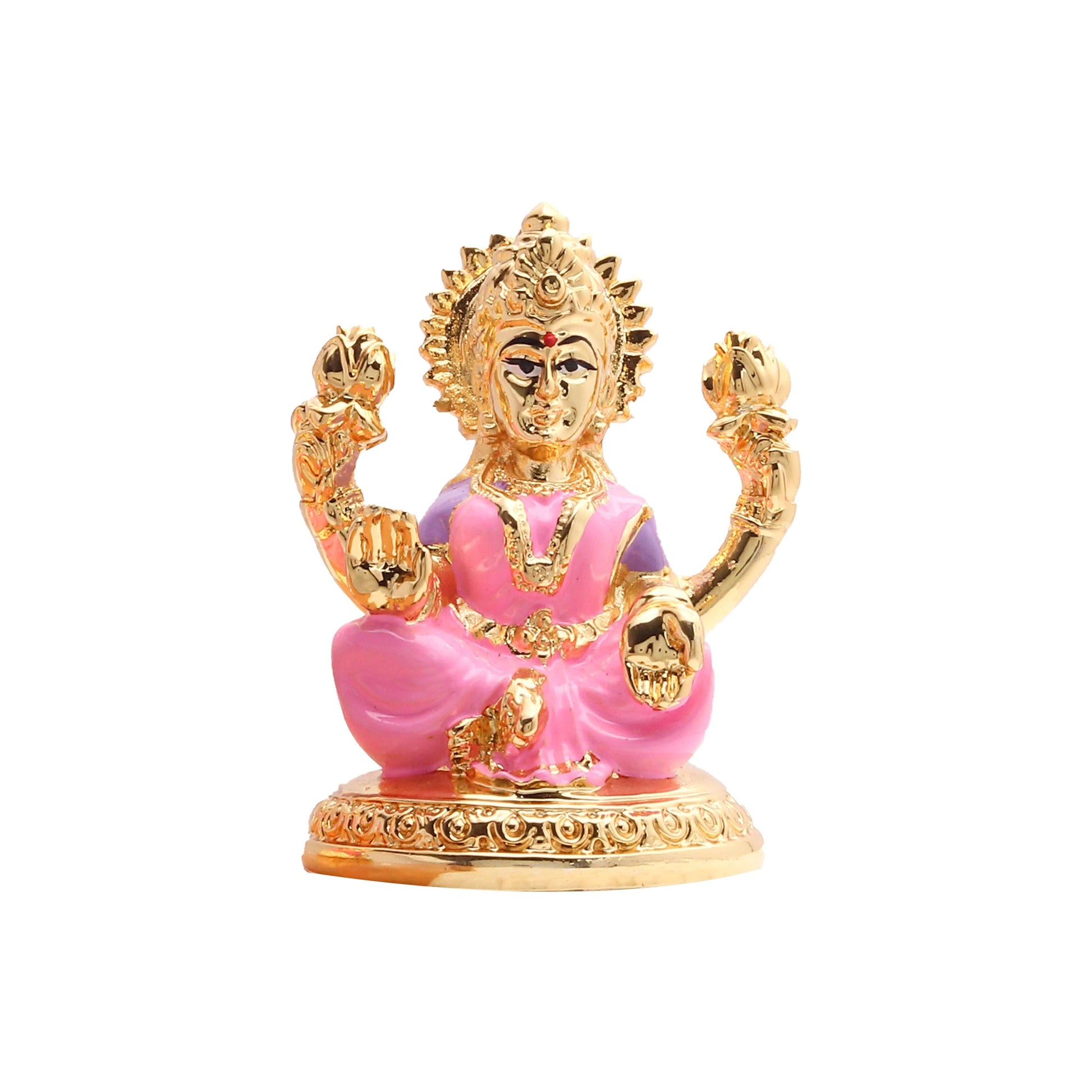 Golden Lakshmi idol seated, adorned with pink details, holding lotus flowers.