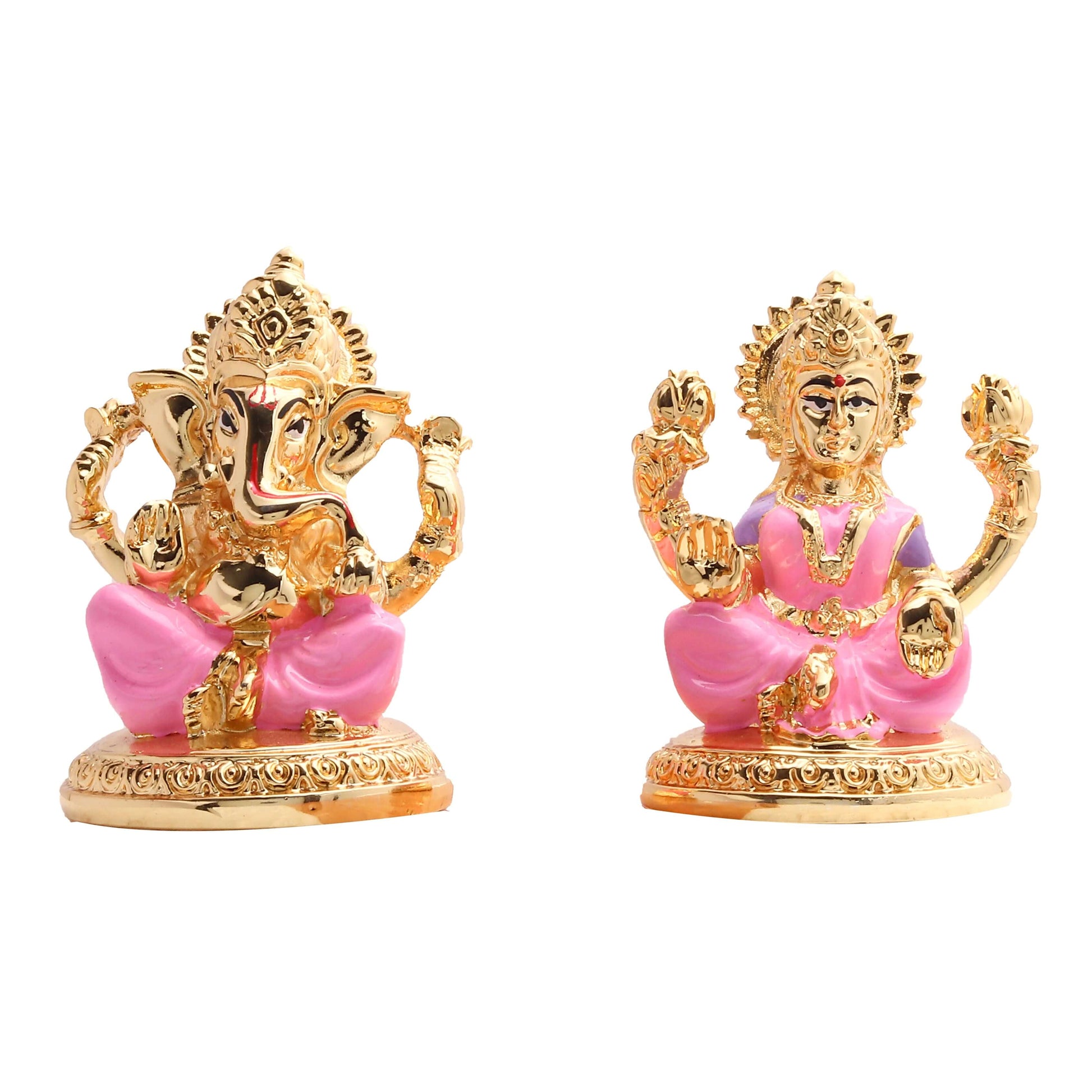 Golden idols of Lord Ganesha and Goddess Lakshmi with pink clothing accents, commonly worshipped together during Hindu festivals like Diwali.