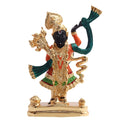 Golden and black idol of Lord Shreenath Ji with a raised left hand, holding up what represents Govardhan Hill, and a clenched right fist resting at the waist, adorned with colorful attire.