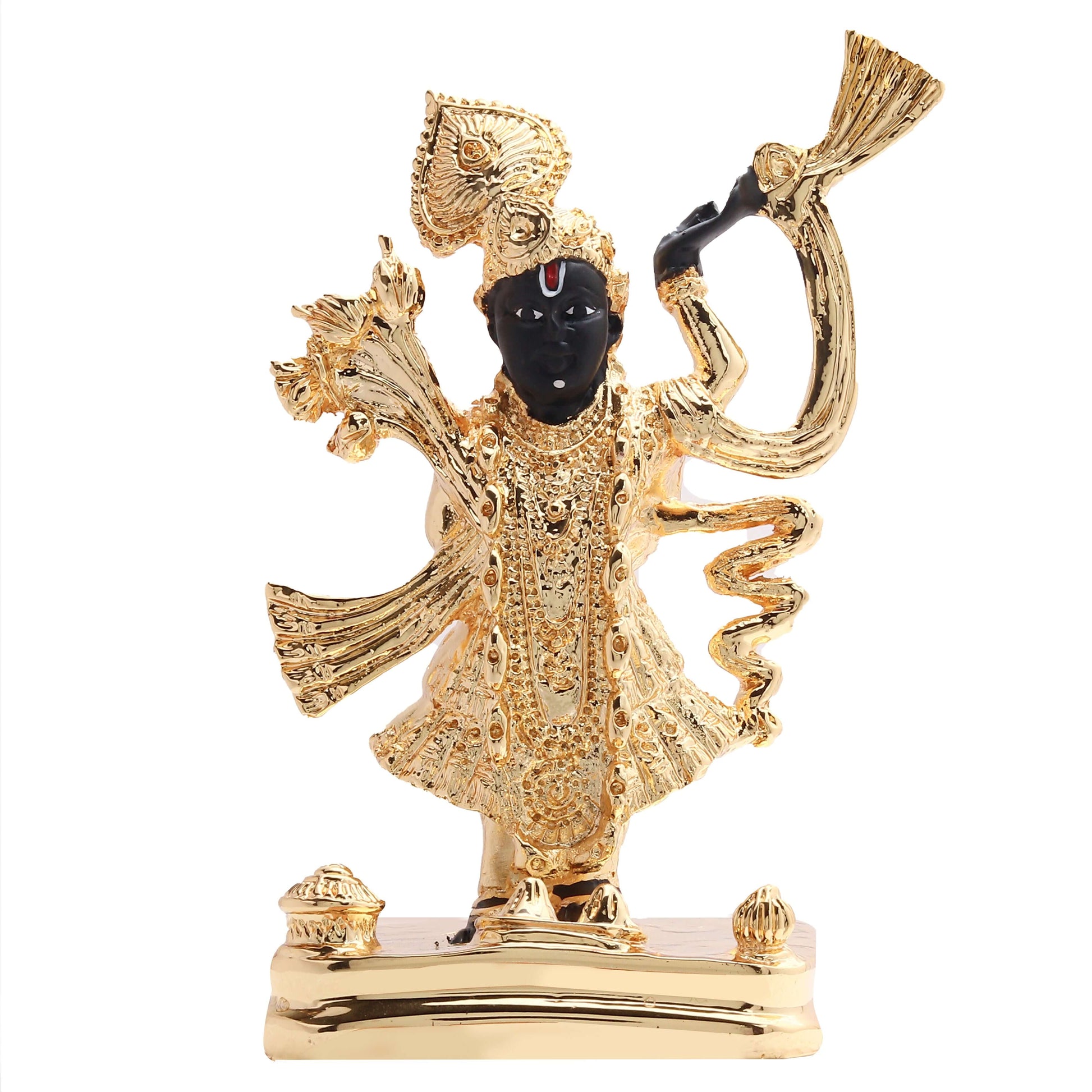 A detailed, gold-plated idol of Lord Shreenath Ji (a form of Lord Krishna) with a black face and hands, adorned in elaborate golden attire and crown, standing on a golden base.