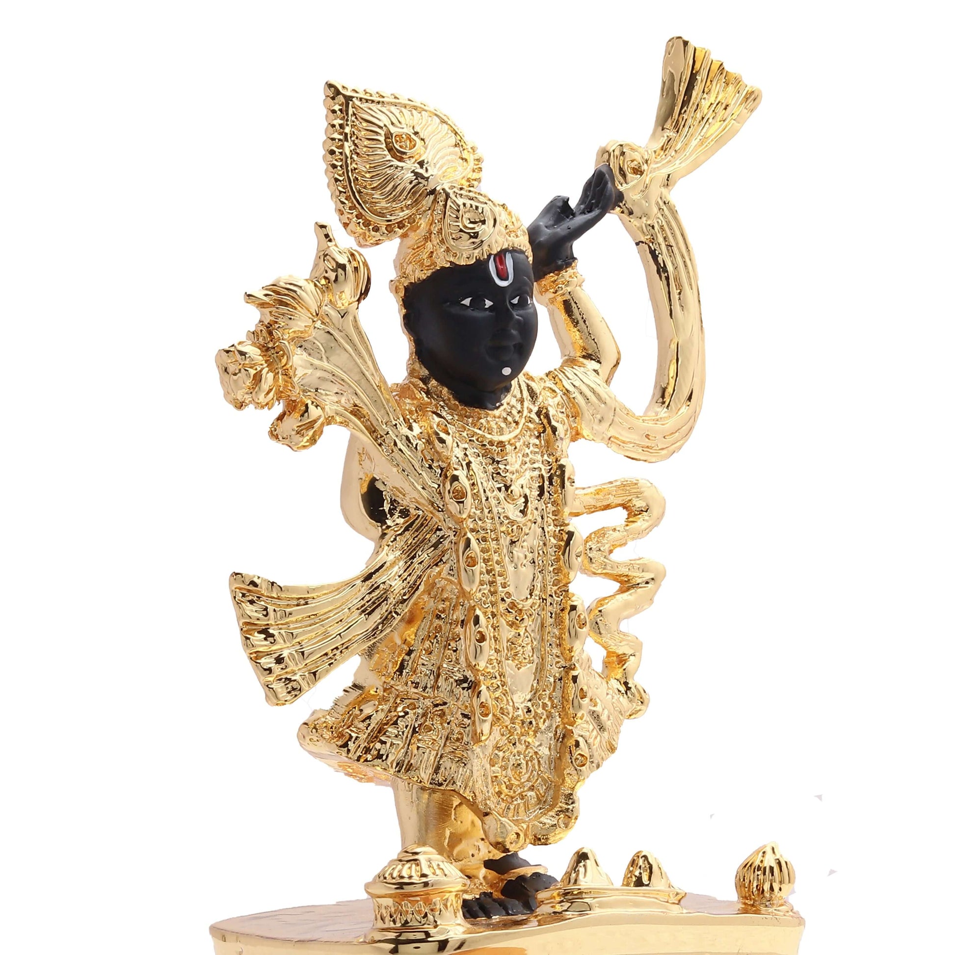 A gold-plated idol of Lord Shreenath Ji, a form of Krishna, featuring a black face and intricate golden attire, holding a conch shell and standing on a decorative base.