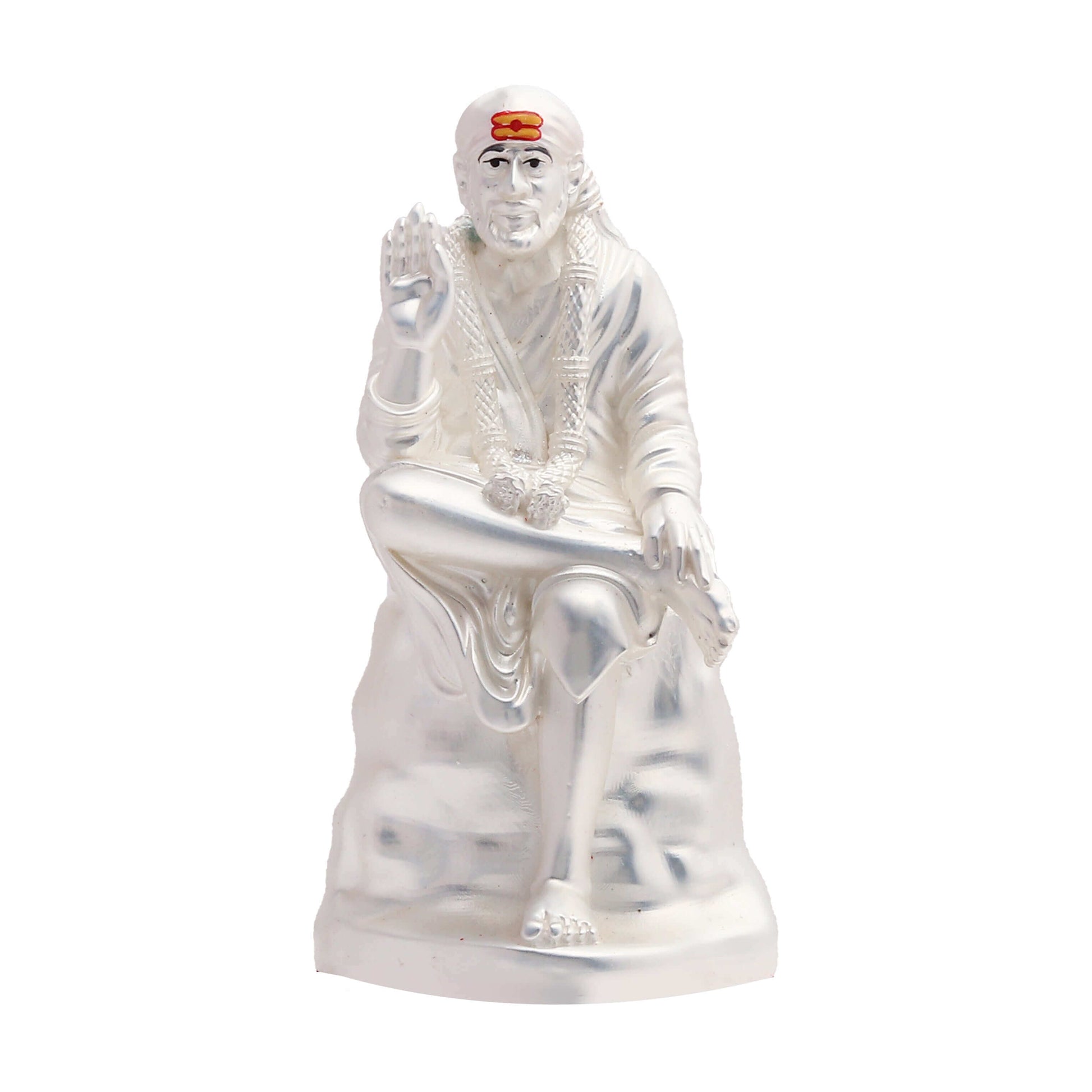 Silver-finished idol of Shirdi Sai Baba seated in a blessing posture with a serene expression, against a plain white background.