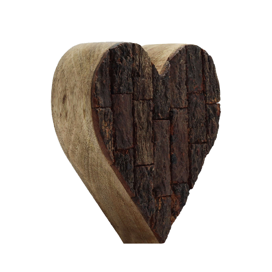 A heart-shaped wooden showpiece with a rustic appearance, featuring a natural grain and brown color tones.