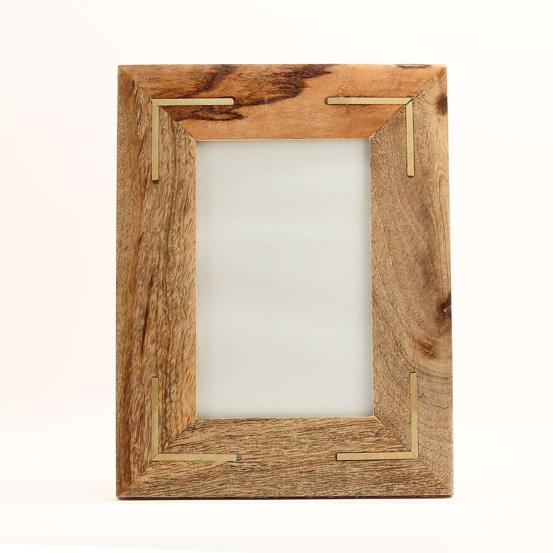 A wooden picture frame with a mirrored glass panel and gold-colored metal frame details.