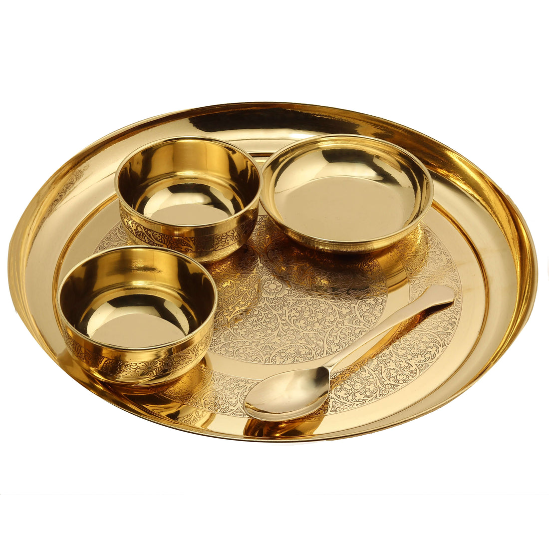 A traditional Indian Bhog Thali set with a golden platter, three bowls, and a spoon, presented with food offerings.