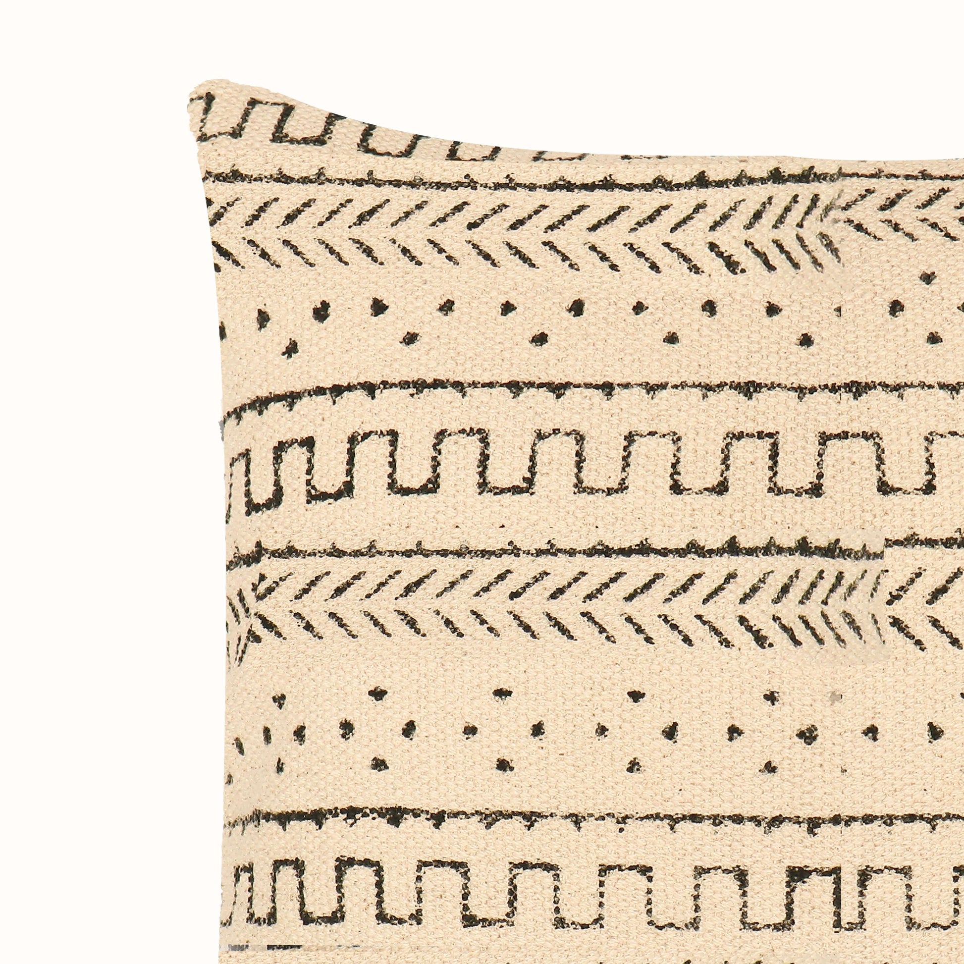 A 17.5in x 17.5in Tribal Design Cushion Cover featuring a beige background with black geometric patterns, including horizontal stripes of zig-zags, dotted lines, and arrow motifs.