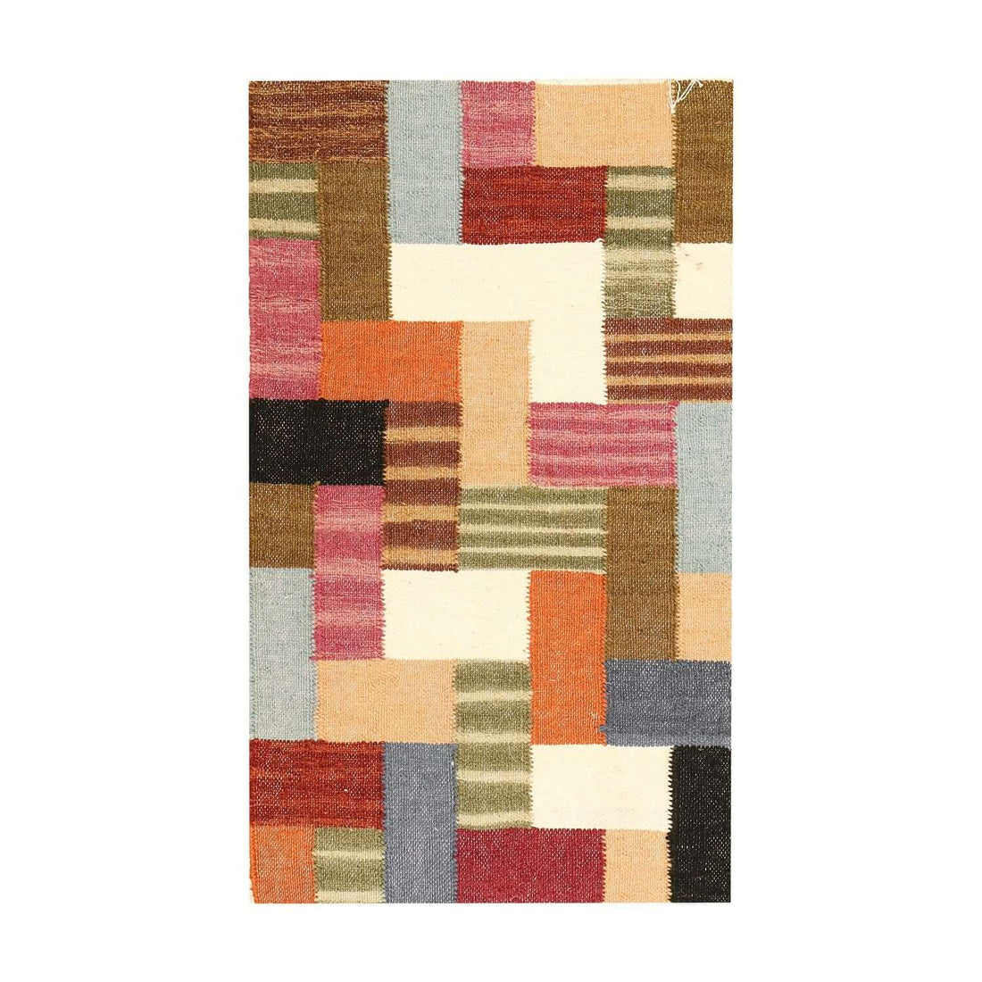 A rectangular multicolor block print rug with a vibrant pattern of various geometric shapes.