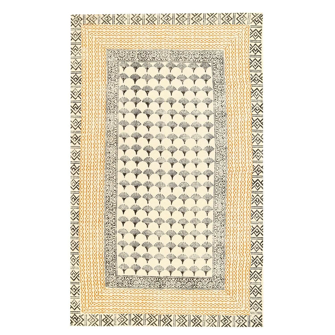 A rectangular rug with a boho-inspired geometric block-printed pattern in beige, black, and gray tones.