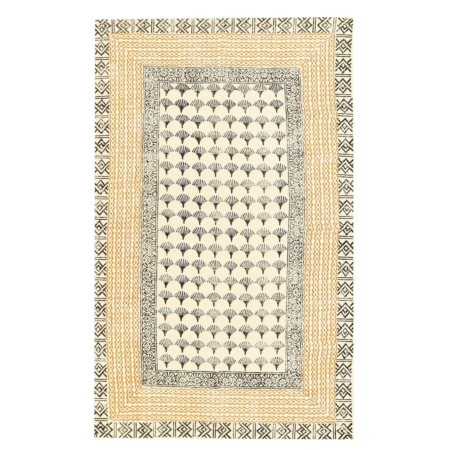A rectangular rug with a boho-inspired geometric block-printed pattern in beige, black, and gray tones.