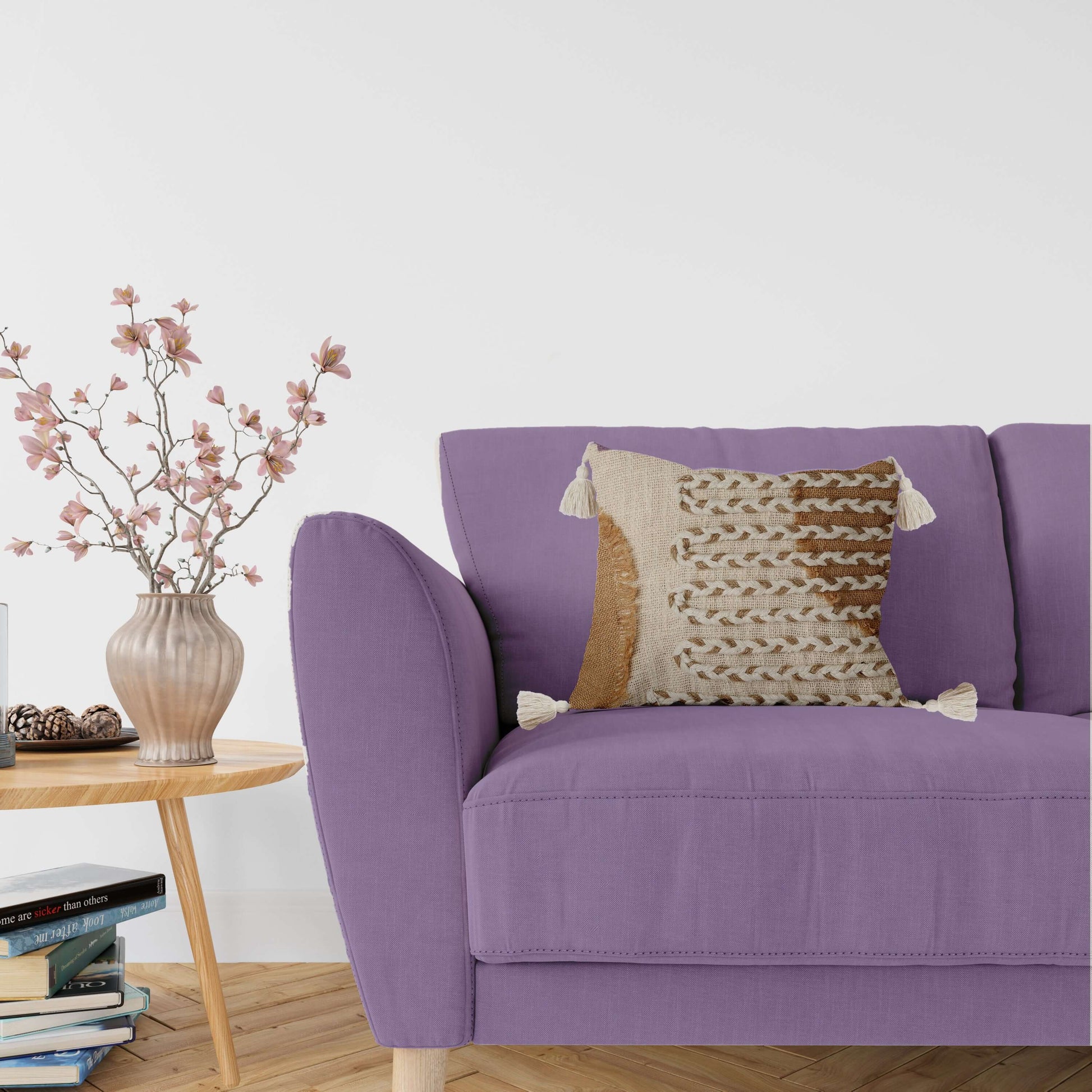 Cotton Cushion Covers on the purple sofa
