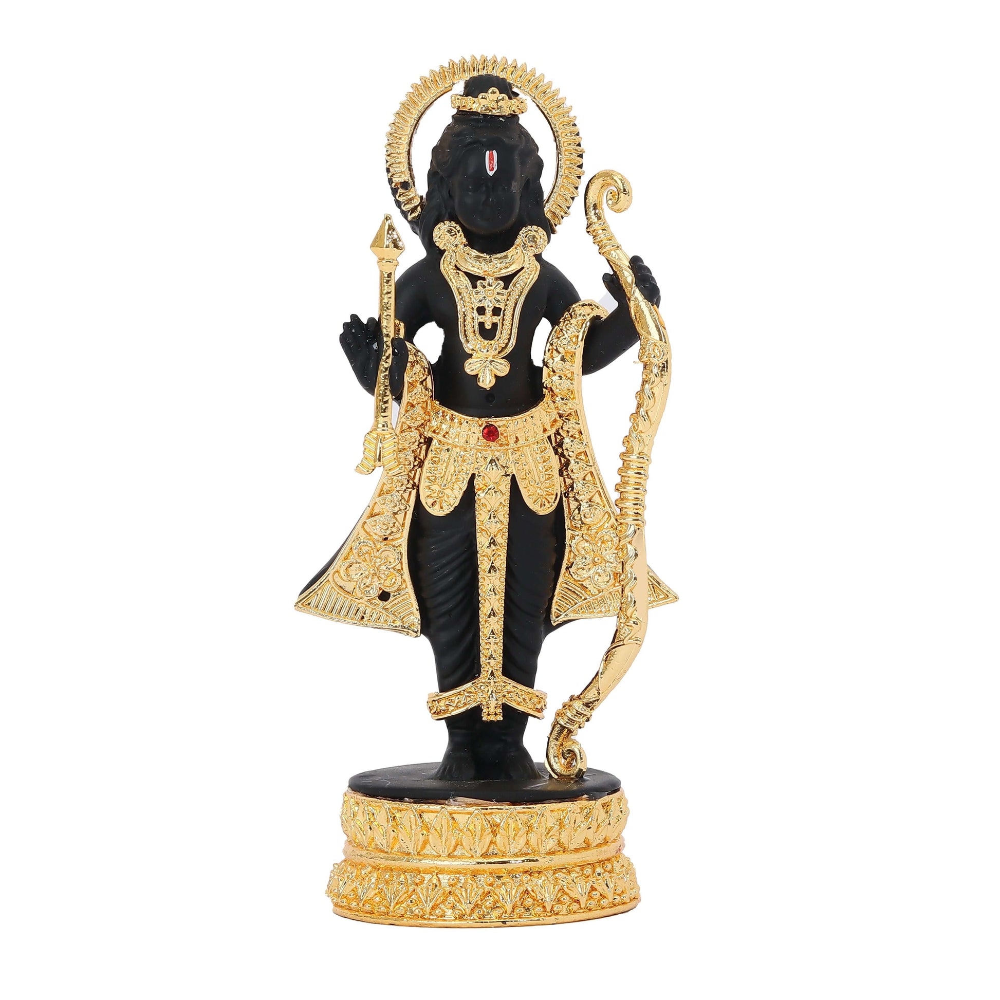 A statue of Lord Ram Lalla, depicted as a young child with dark skin, adorned in golden attire and jewelry, holding a golden bow and arrow, standing on a golden base.