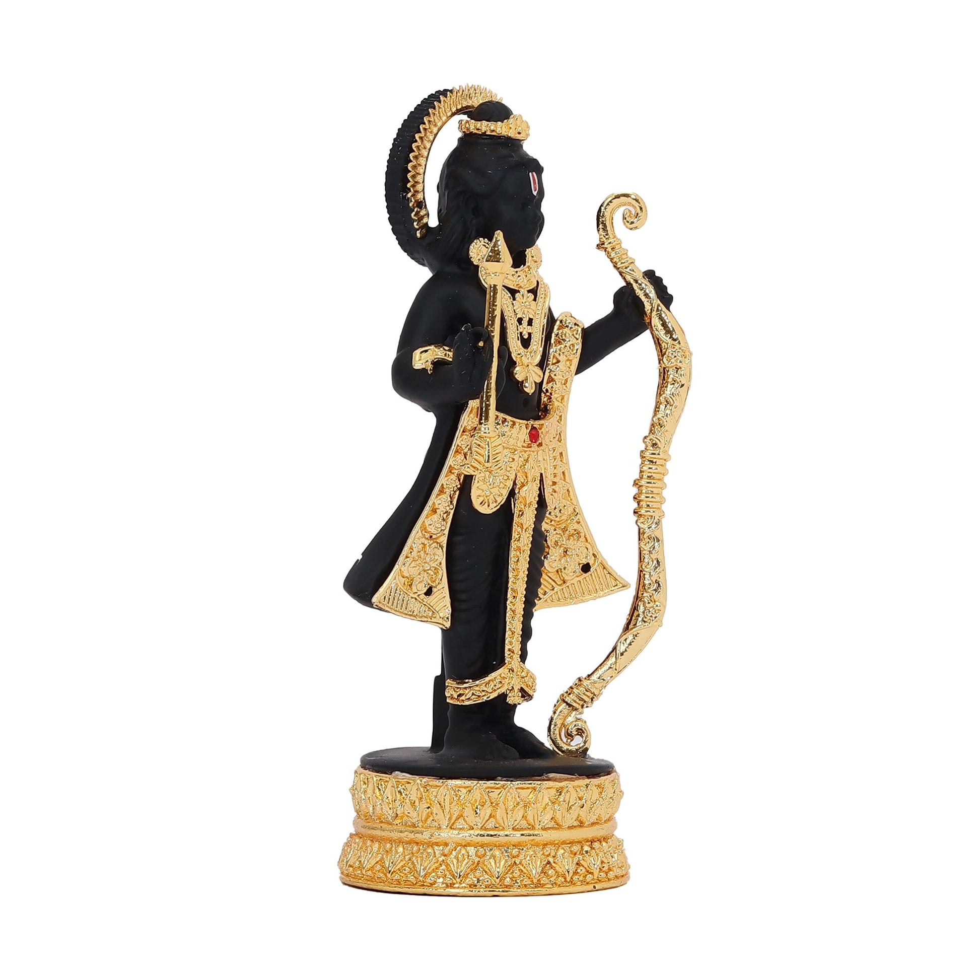 A black and gold statue of Ram Lalla (child Lord Rama) standing on a golden lotus base, adorned with a golden crown, ornate gold clothing, and holding a golden bow and arrow.