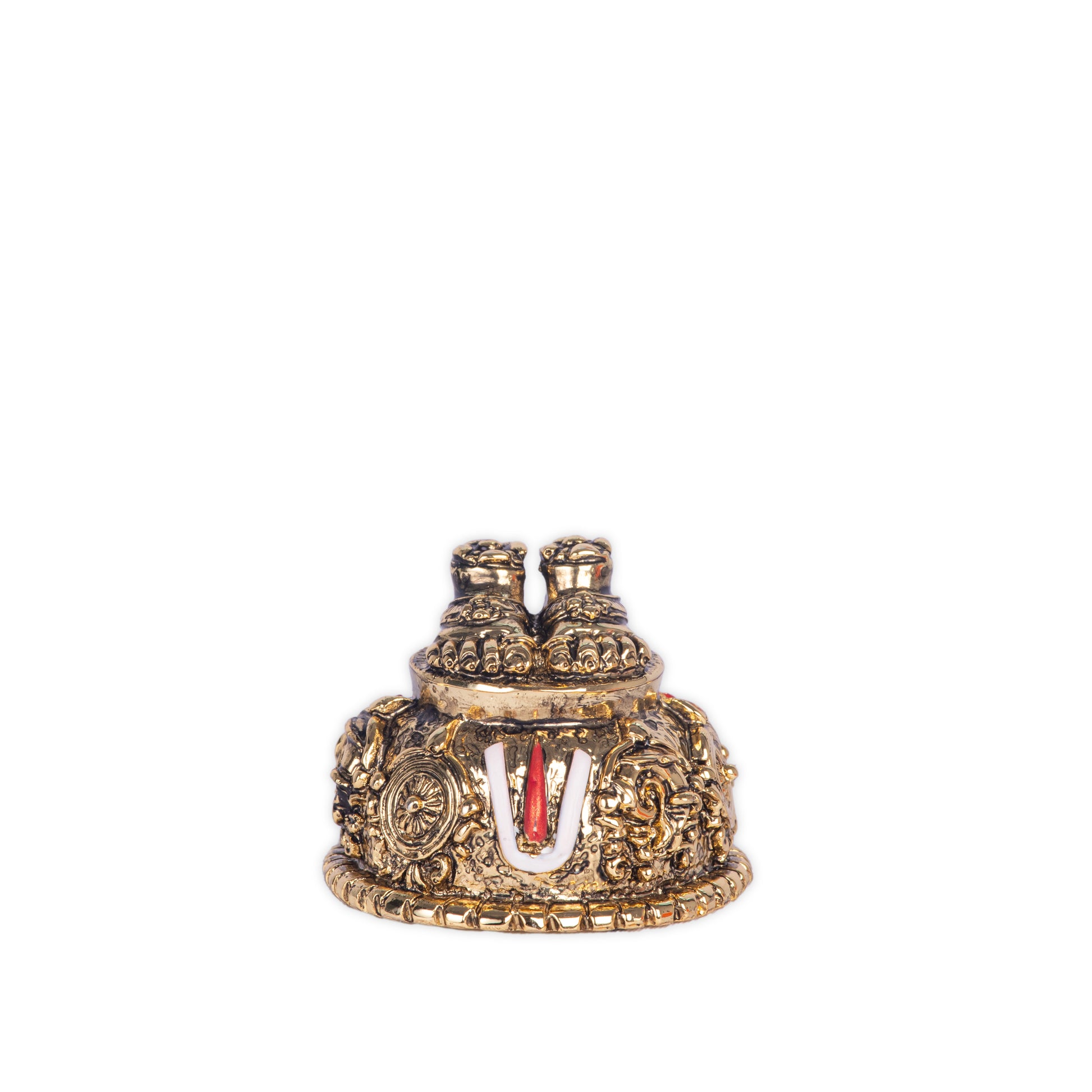 A golden idol of Lord Balaji's Charan Paduka, depicting the sacred feet of Lord Venkateswara adorned with the Shanku, Chakra, and Namam symbols.