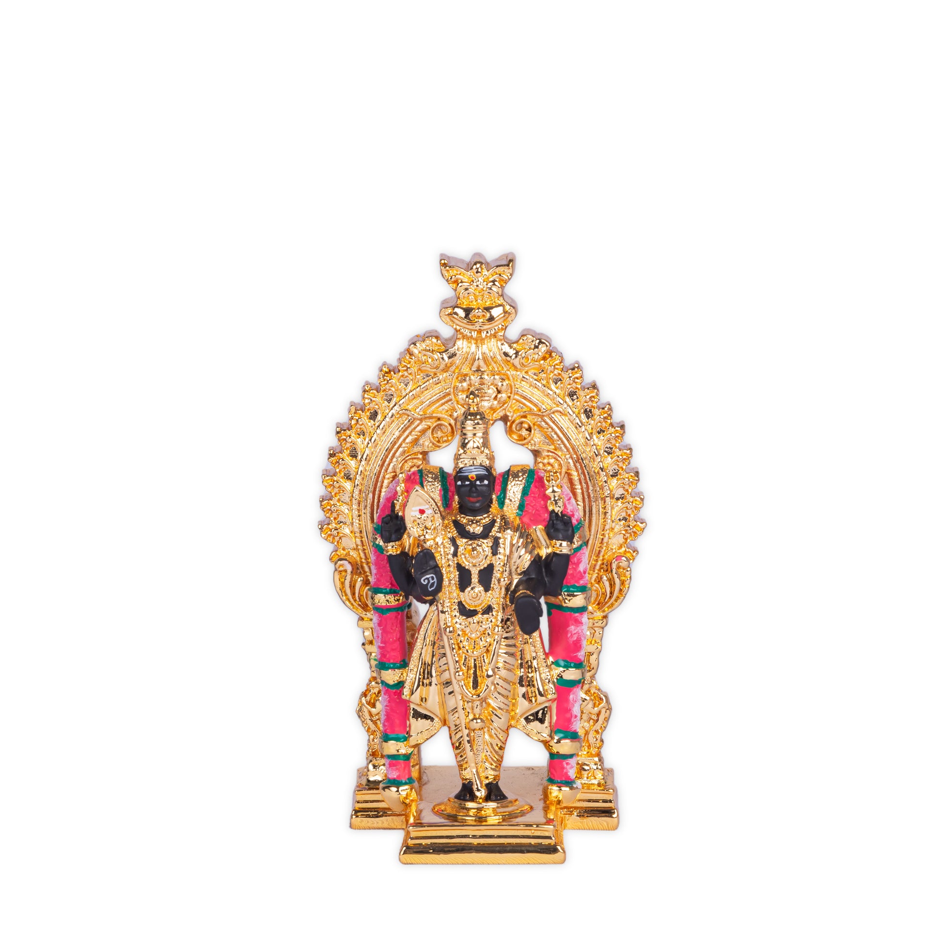 An image of a small, gold-colored statue of Lord Murugan, a Hindu deity, standing within an ornate, golden archway with pink and green accents. The statue itself is predominantly dark in color, adorned with golden ornaments.