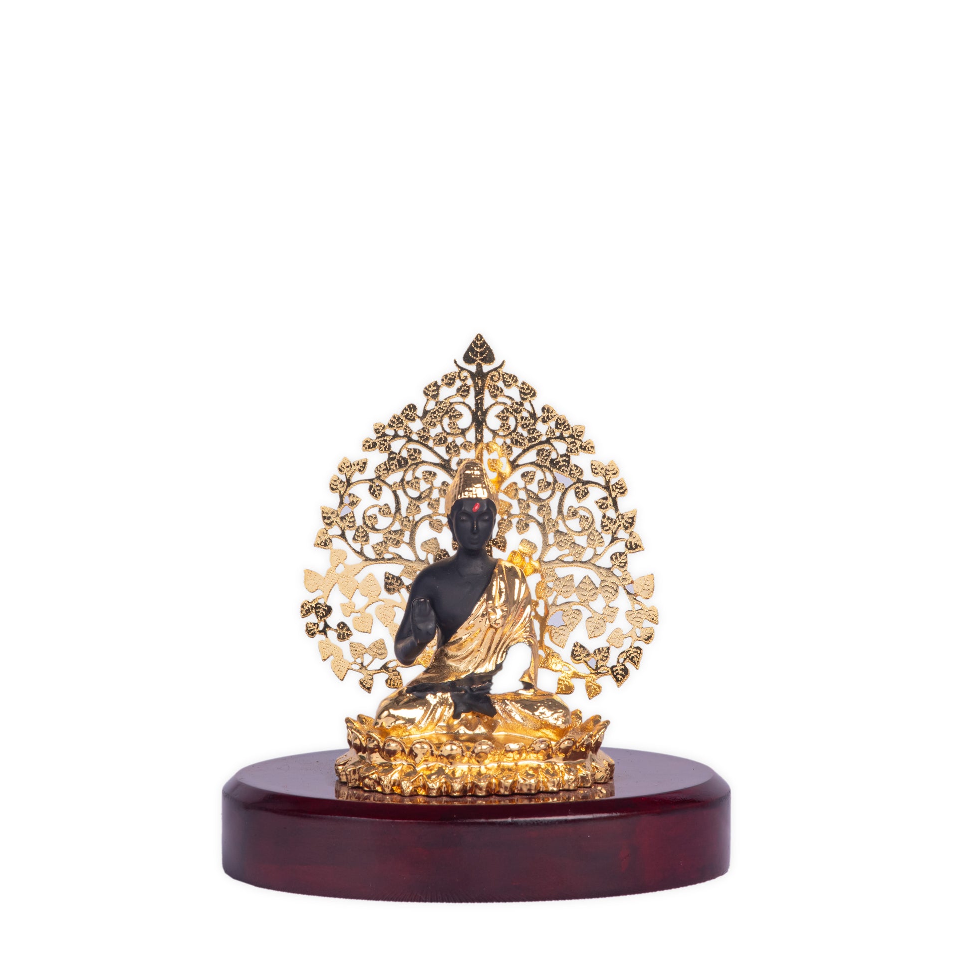 A black and gold Lord Buddha statue for home decor is seated in a meditative pose on a polished, dark wooden base. The statue features an intricate golden Bodhi tree design as a backdrop.