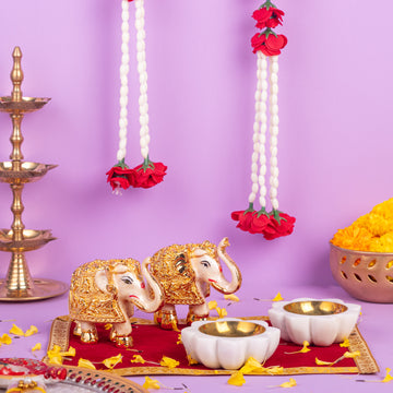 White Elephant and Flower Tealight Combo for Diwali Gifting and Pooja Room Decoration