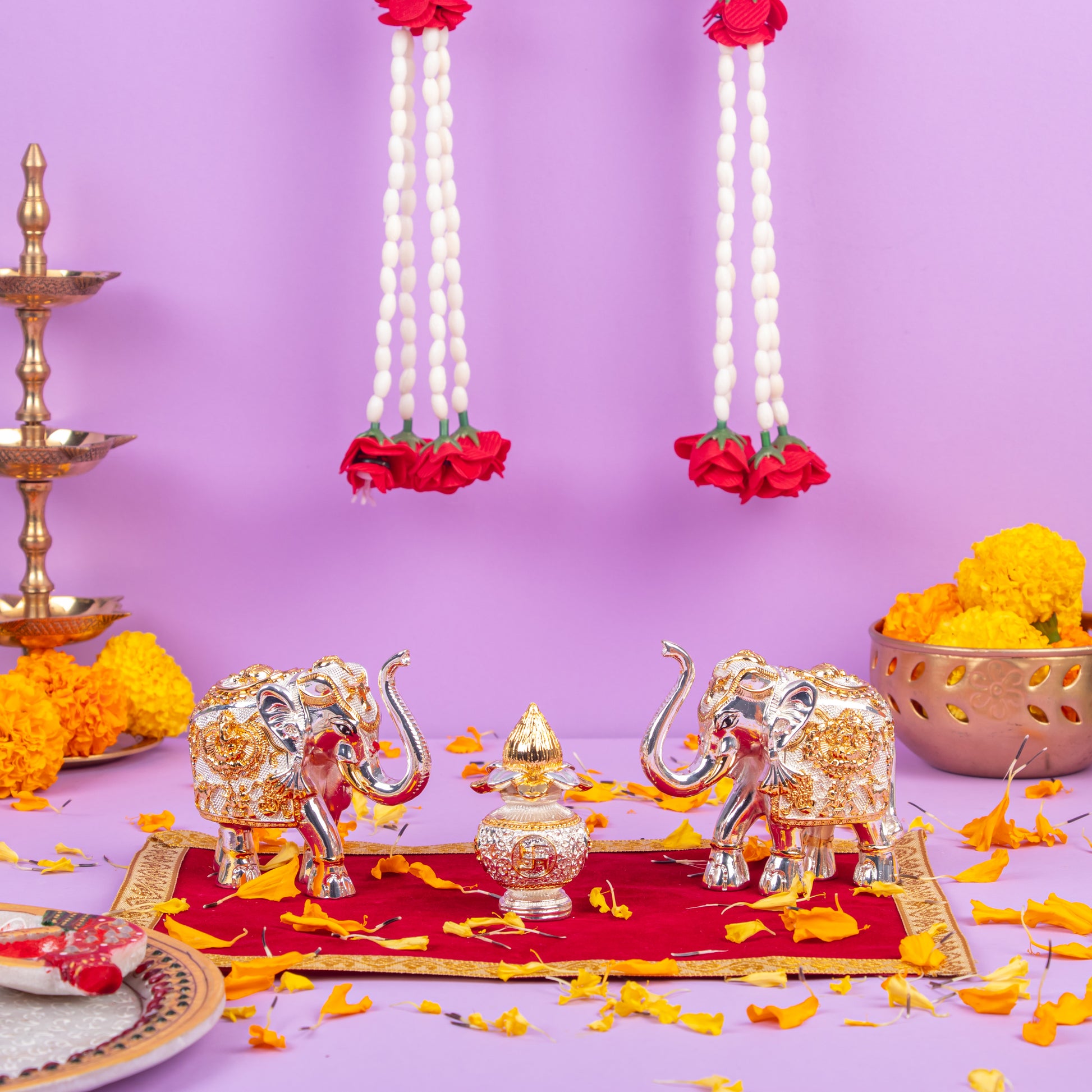 Silver plated Elephant Idols with Kalash Combo