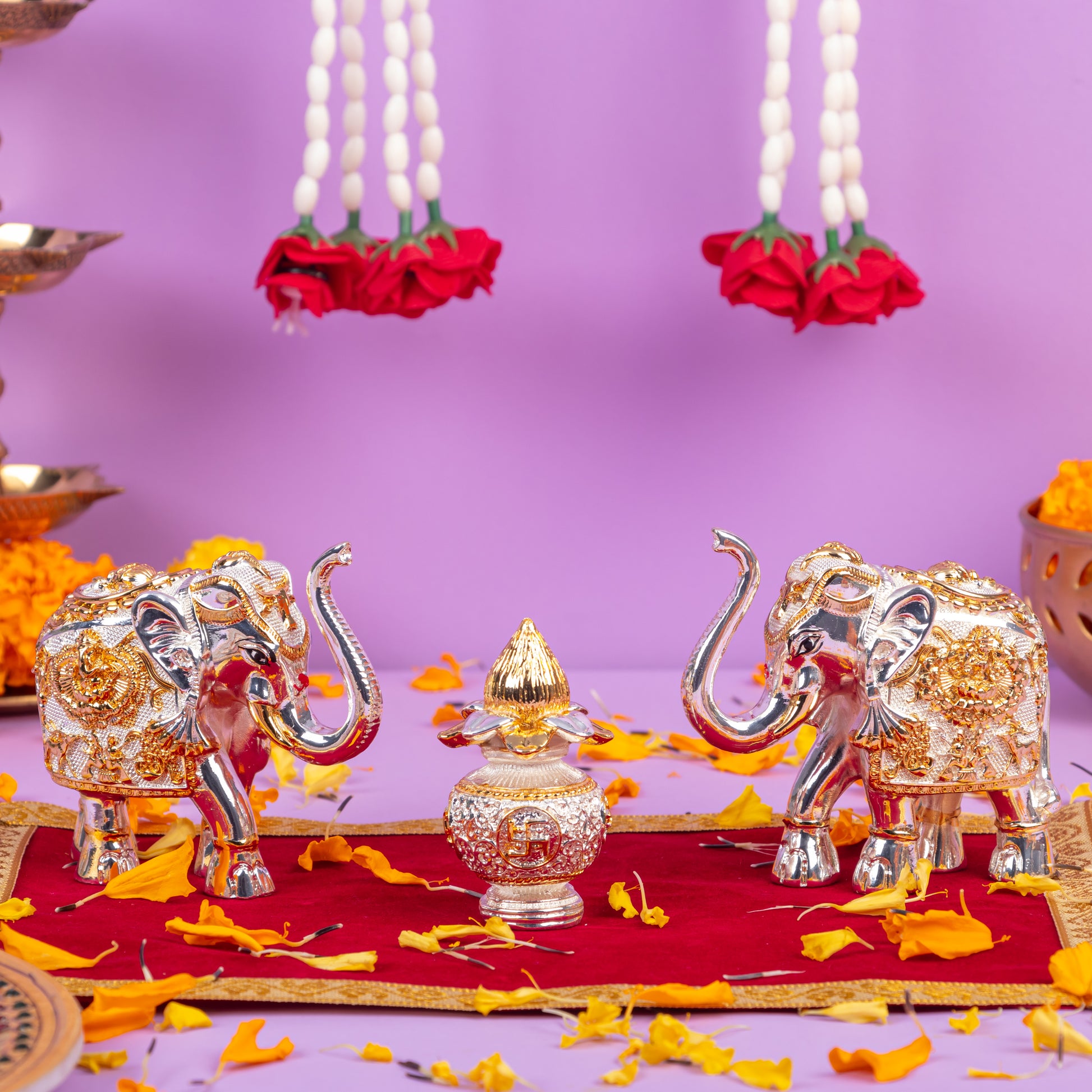 Silver Elephant Idols with Kalash Combo for Diwali Gifting and Pooja Room Decoration