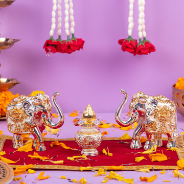 Silver Elephant Idols with Kalash Combo for Diwali Gifting and Pooja Room Decoration