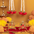 Lakshmi Ganesh Ji Murti Gold plated, flowers, laddu, agarbatto holder in the back