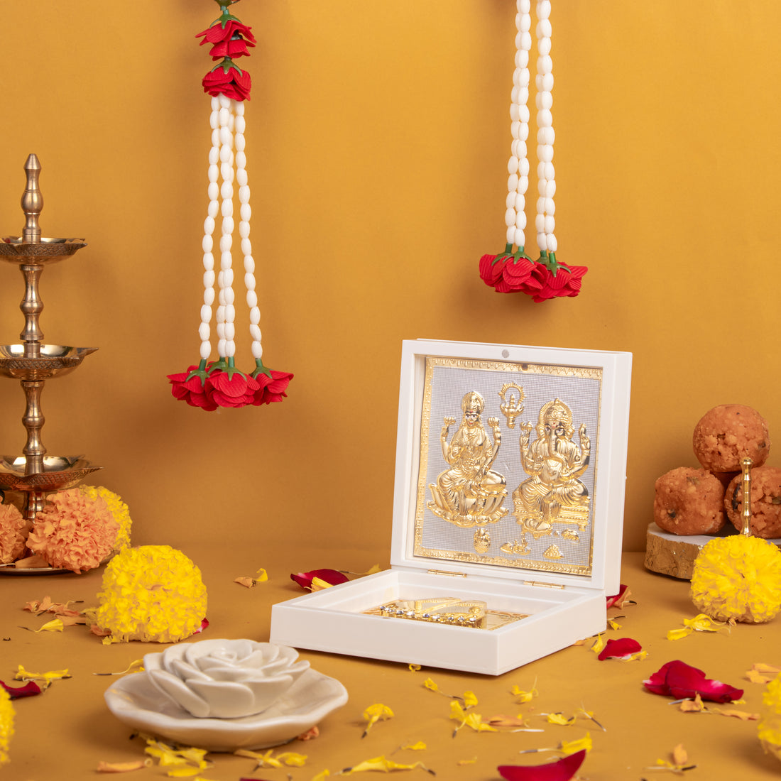 Lakshmi Ganesh Pocket Temple with Charan Paduka, Incense Sticks, and Incense Holder Stand Combo for Gifting