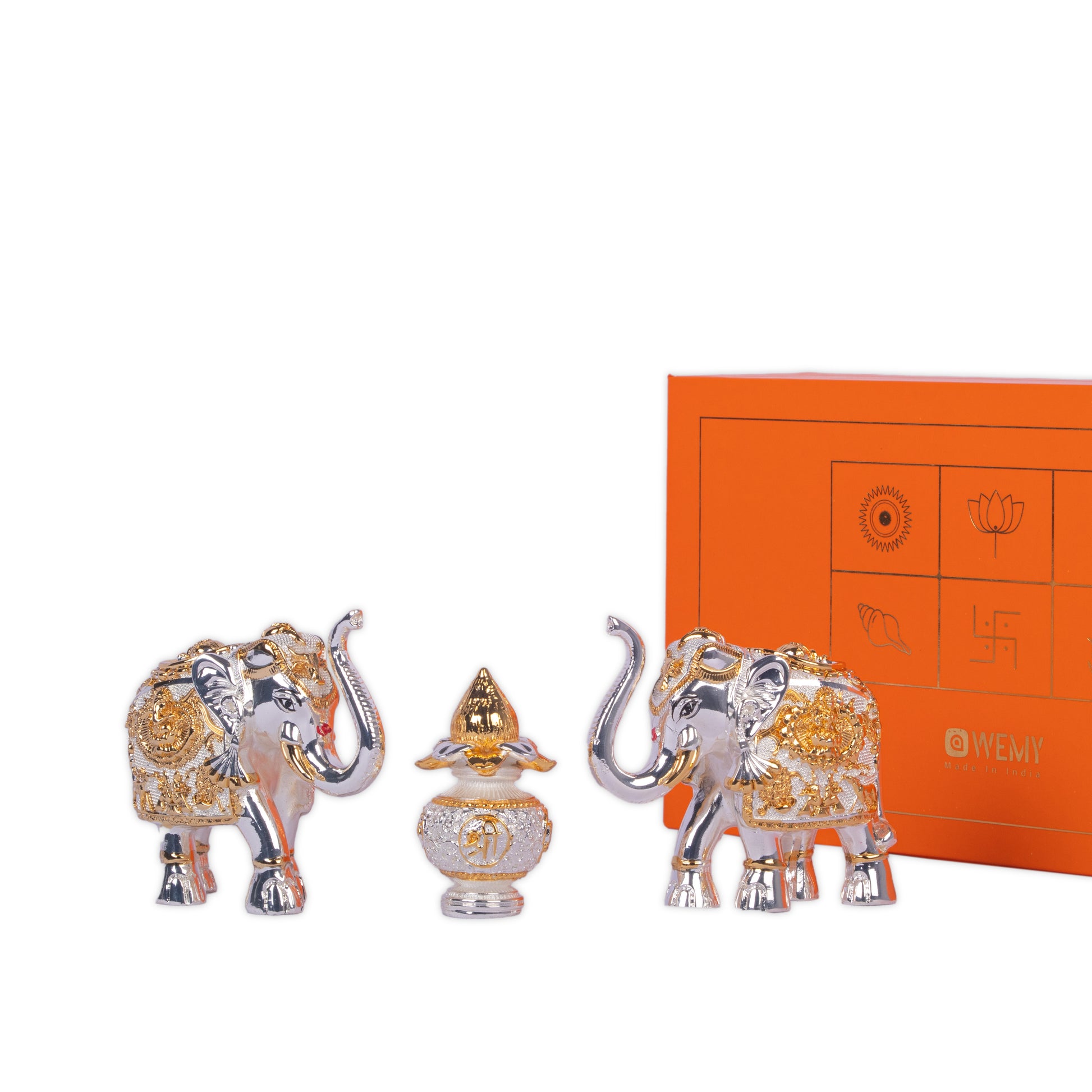 Silver Elephant Idols with Kalash Combo with orange box