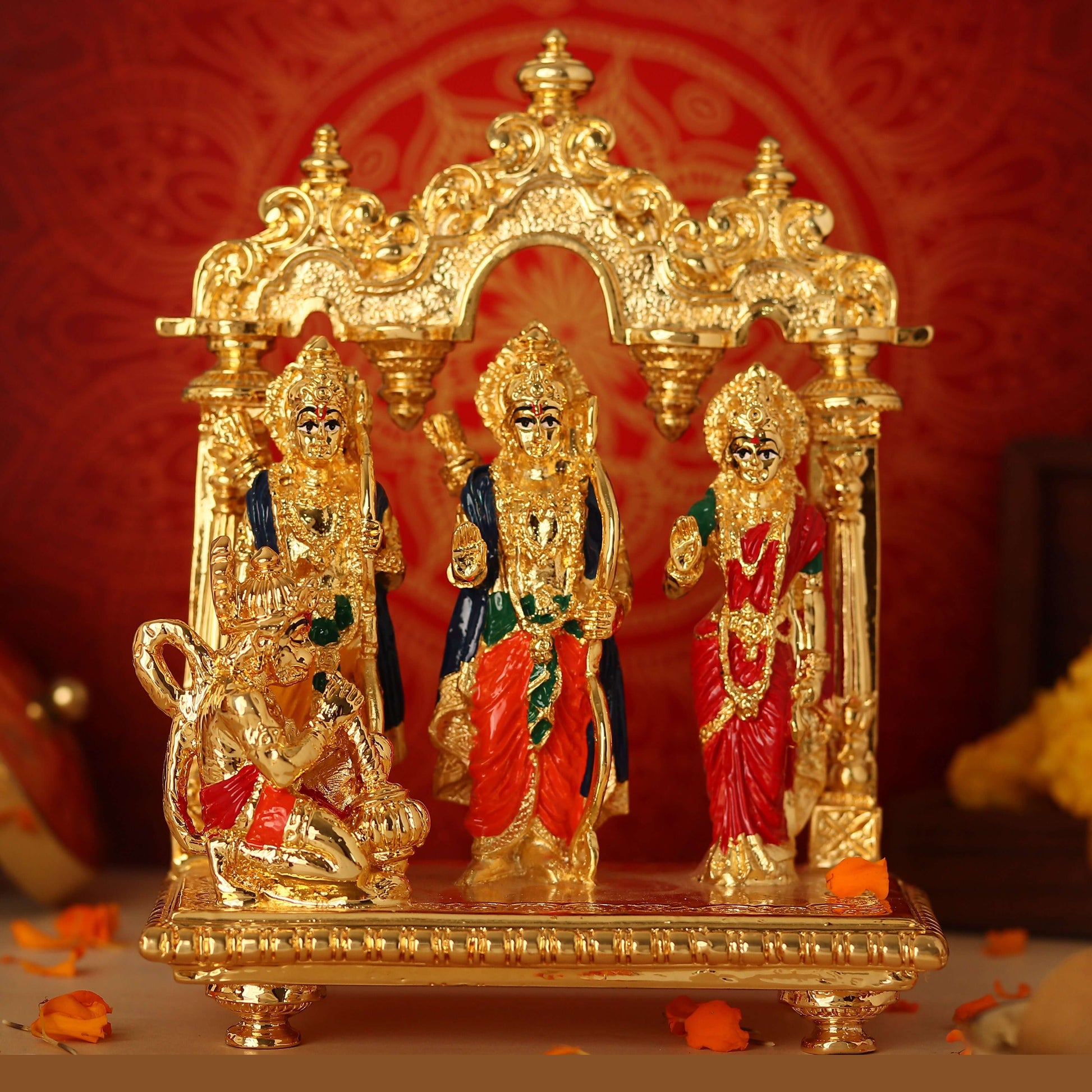 Handcrafted Golden Ram Darbar with Frame featuring Lord Rama, Goddess Sita, Lord Lakshmana, and Lord Hanuman