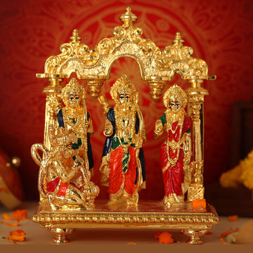 Handcrafted Golden Ram Darbar with Frame featuring Lord Rama, Goddess Sita, Lord Lakshmana, and Lord Hanuman