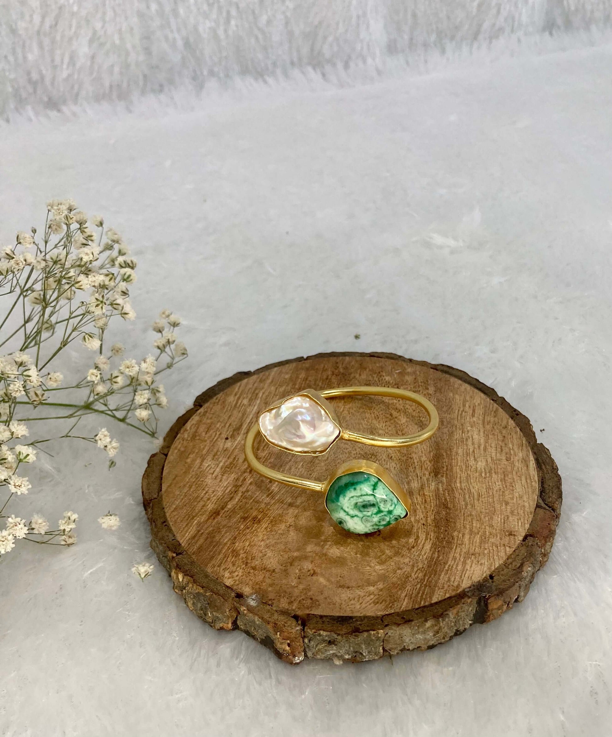2 stone white and green color ear cuff