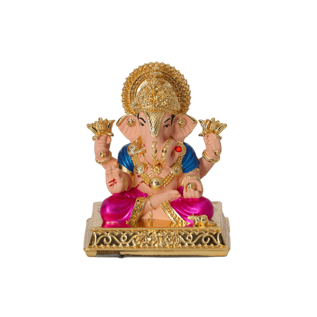 A colorful Dagdushet Ganesha Idol is shown, featuring a gold crown and halo, a blue tunic, and a shiny magenta dhoti. The idol is seated on an ornate gold base and is holding golden lotuses in its upper two hands.