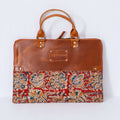 Hand Held Leather bag with block print laptop sleeve Maroon