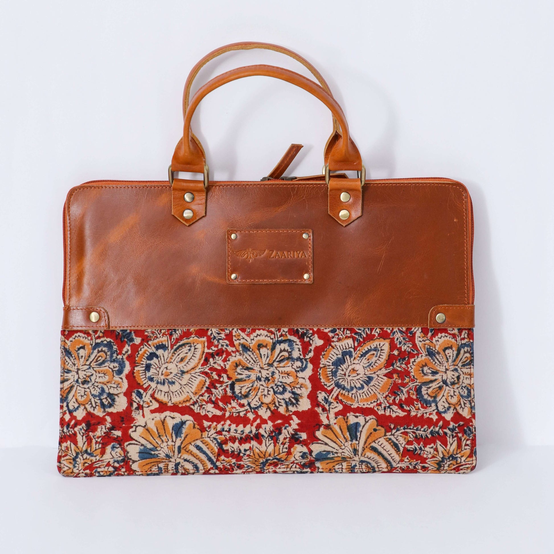 Hand Held Leather bag with block print laptop sleeve Maroon